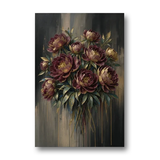 Abstract Peony Painting in Garnet and Gold - Canvas Wall Art - Front