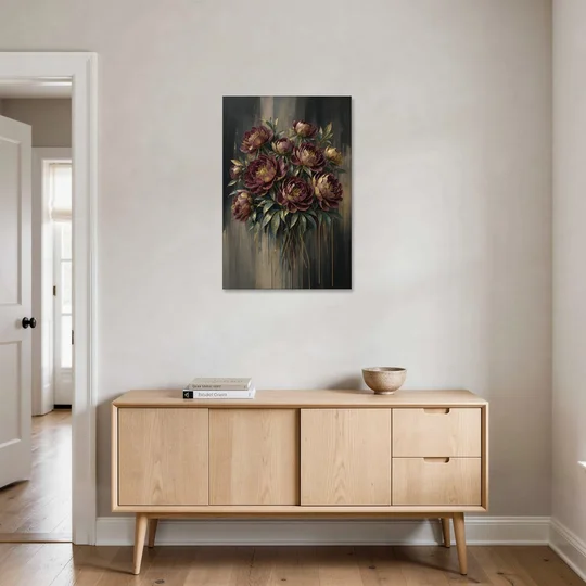 Abstract Peony Painting in Garnet and Gold - Canvas Wall Art - Coffee Table - 24x36
