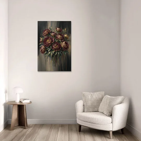Abstract Peony Painting in Garnet and Gold - Canvas Wall Art - Sofa - 24x36