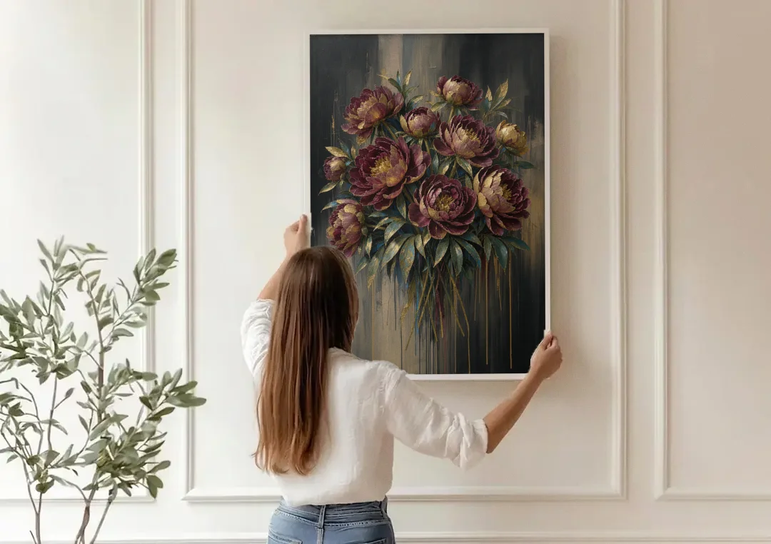 Abstract Peony Painting in Garnet and Gold canvas wall art being hung on a paneled wall