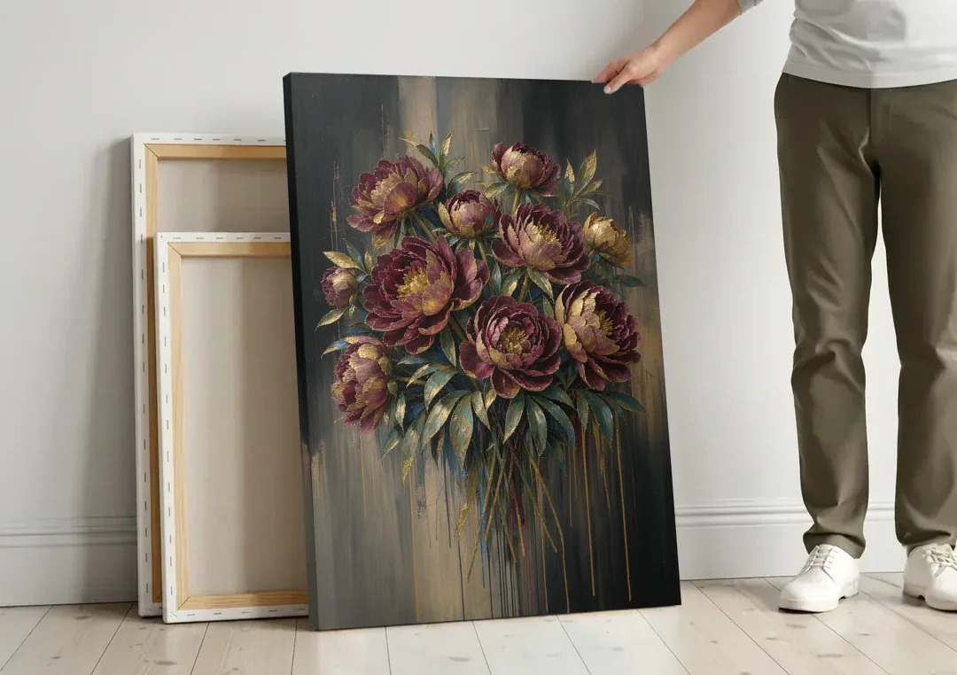 Abstract Peony Painting in Garnet and Gold canvas wall art leaning against a wall next to blank canvases
