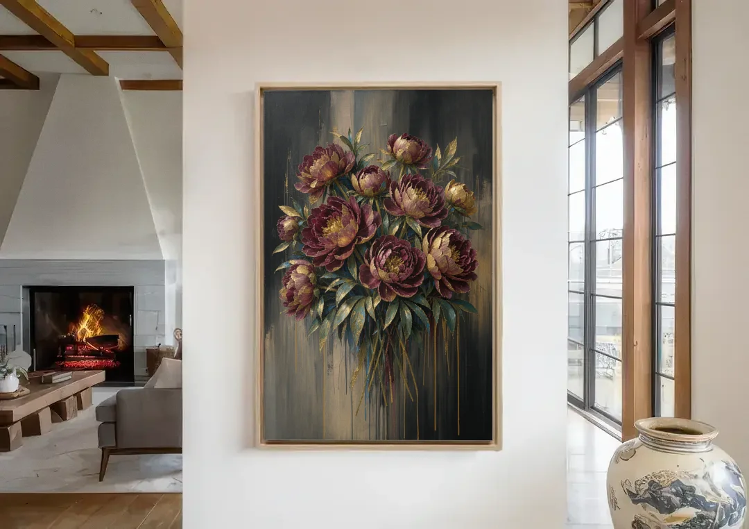 Abstract Peony Painting in Garnet and Gold canvas wall art in a living room with a fireplace