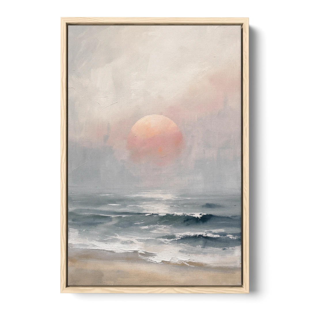 Abstract Pink Sun Through Sea Mist for the Bedroom - Oak Framed Canvas Wall Art - Front