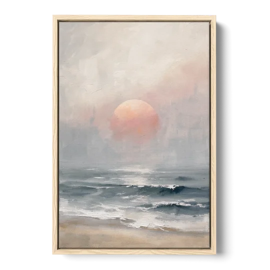 Abstract Pink Sun Through Sea Mist for the Bedroom - Oak Framed Canvas Wall Art - Front