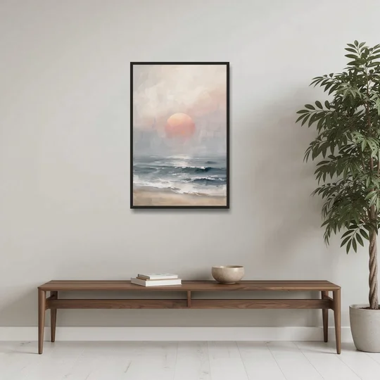 Abstract Pink Sun Through Sea Mist for the Bedroom - Black Framed Canvas Wall Art - Coffee Table - 24x36