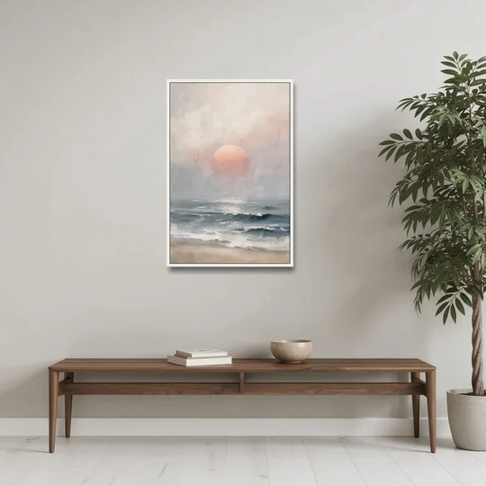 Abstract Pink Sun Through Sea Mist for the Bedroom - White Framed Canvas Wall Art - Coffee Table - 24x36