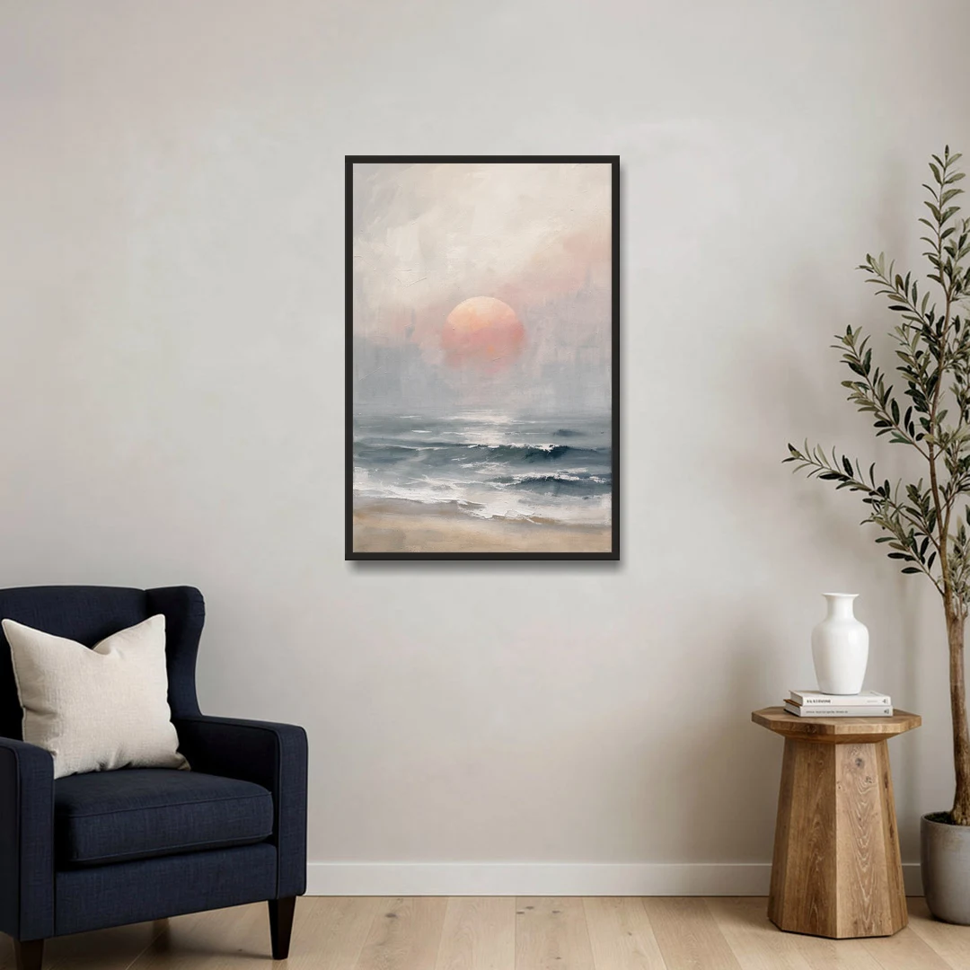 Abstract Pink Sun Through Sea Mist for the Bedroom - Black Framed Canvas Wall Art - Sofa - 24x36