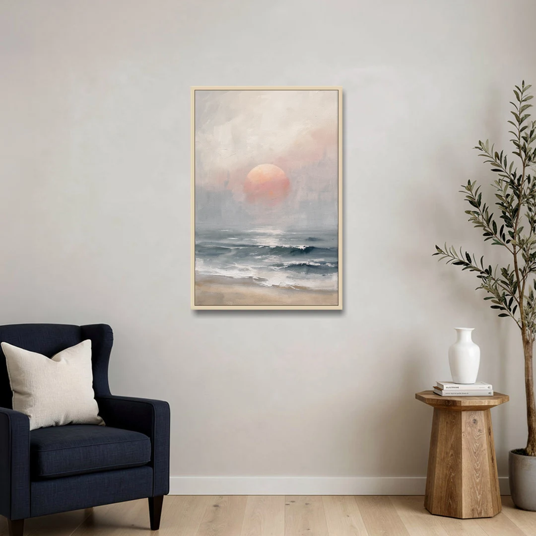 Abstract Pink Sun Through Sea Mist for the Bedroom - Oak Framed Canvas Wall Art - Sofa - 24x36