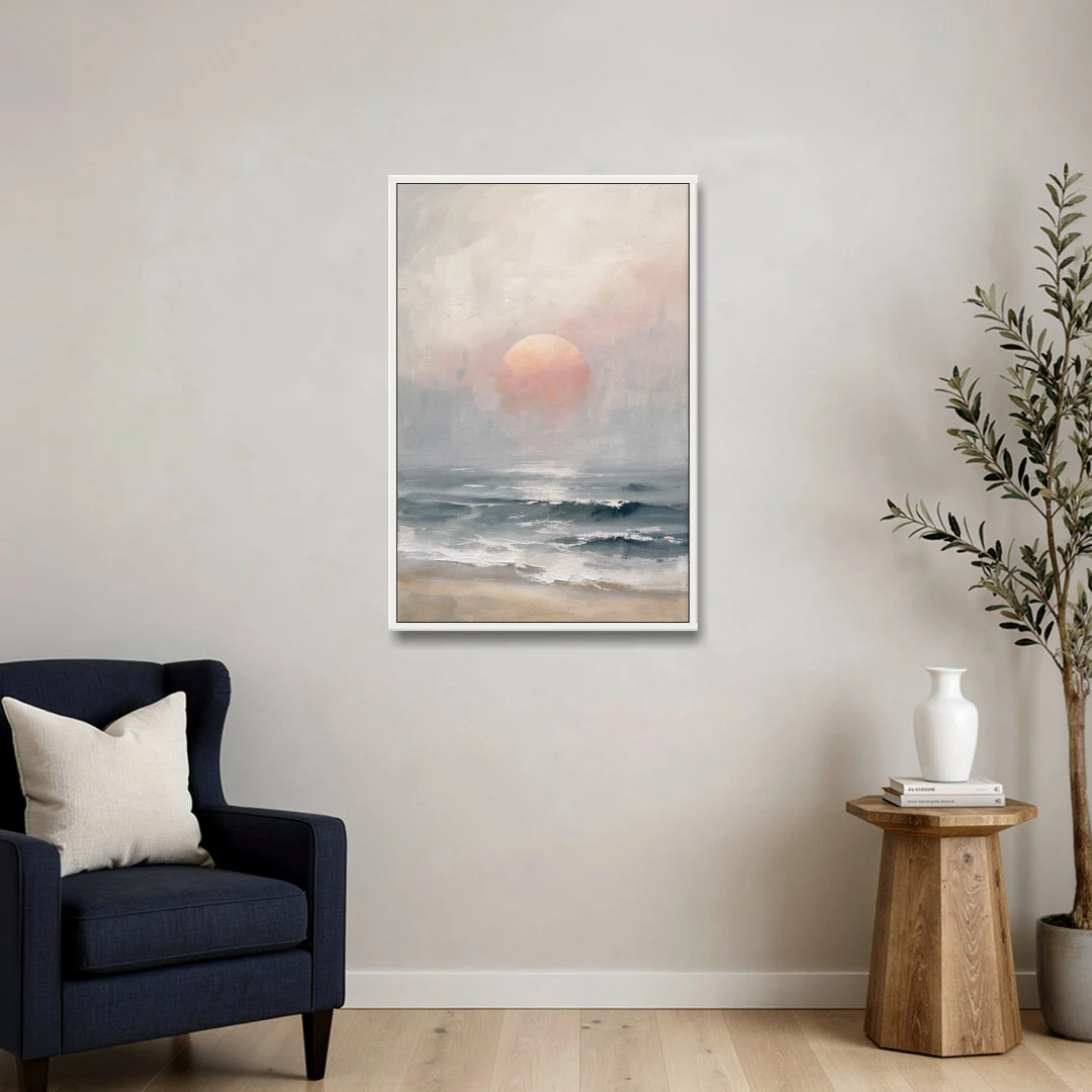 Abstract Pink Sun Through Sea Mist for the Bedroom - White Framed Canvas Wall Art - Sofa - 24x36