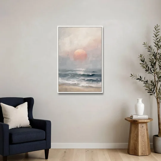 Abstract Pink Sun Through Sea Mist for the Bedroom - White Framed Canvas Wall Art - Sofa - 24x36