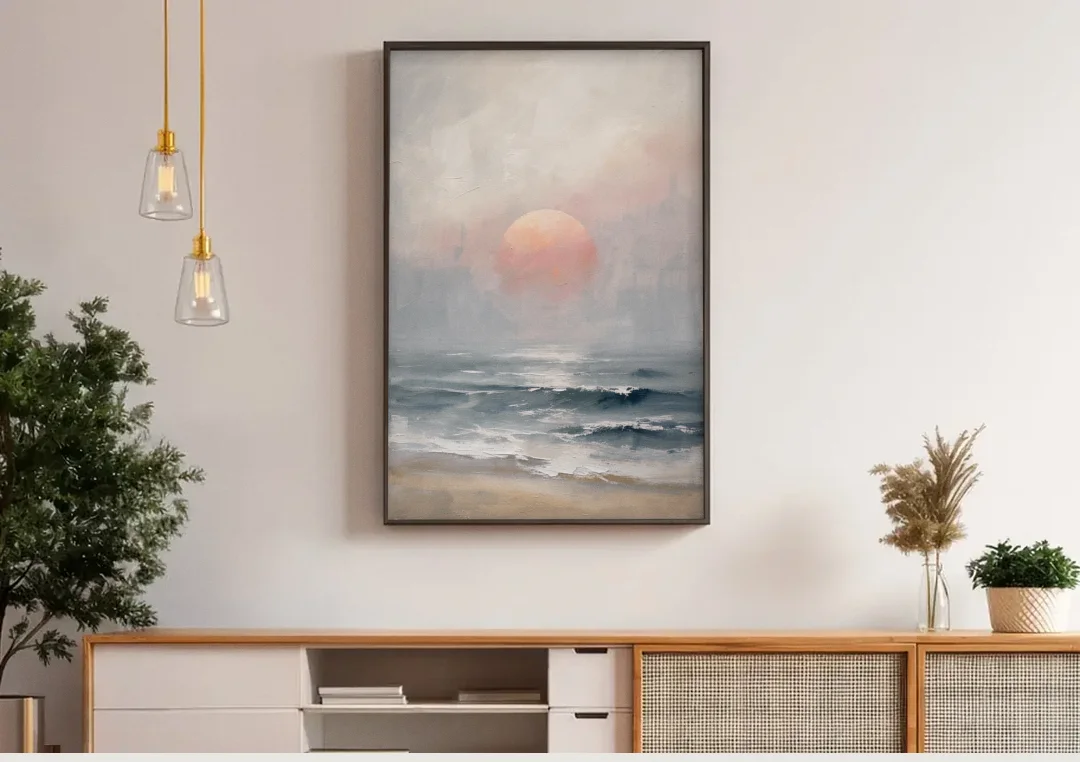 Abstract Pink Sun Through Sea Mist for the Bedroom canvas wall art above a wooden sideboard under pendant lights
