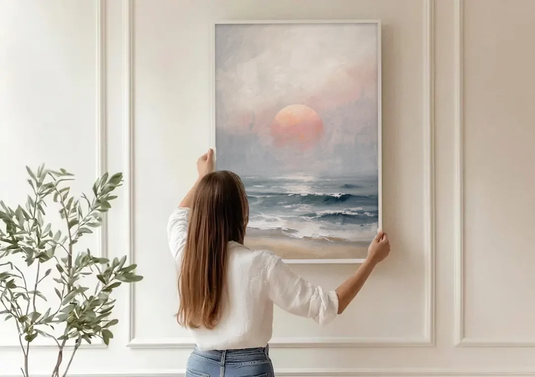 Abstract Pink Sun Through Sea Mist for the Bedroom canvas wall art being hung on a paneled wall