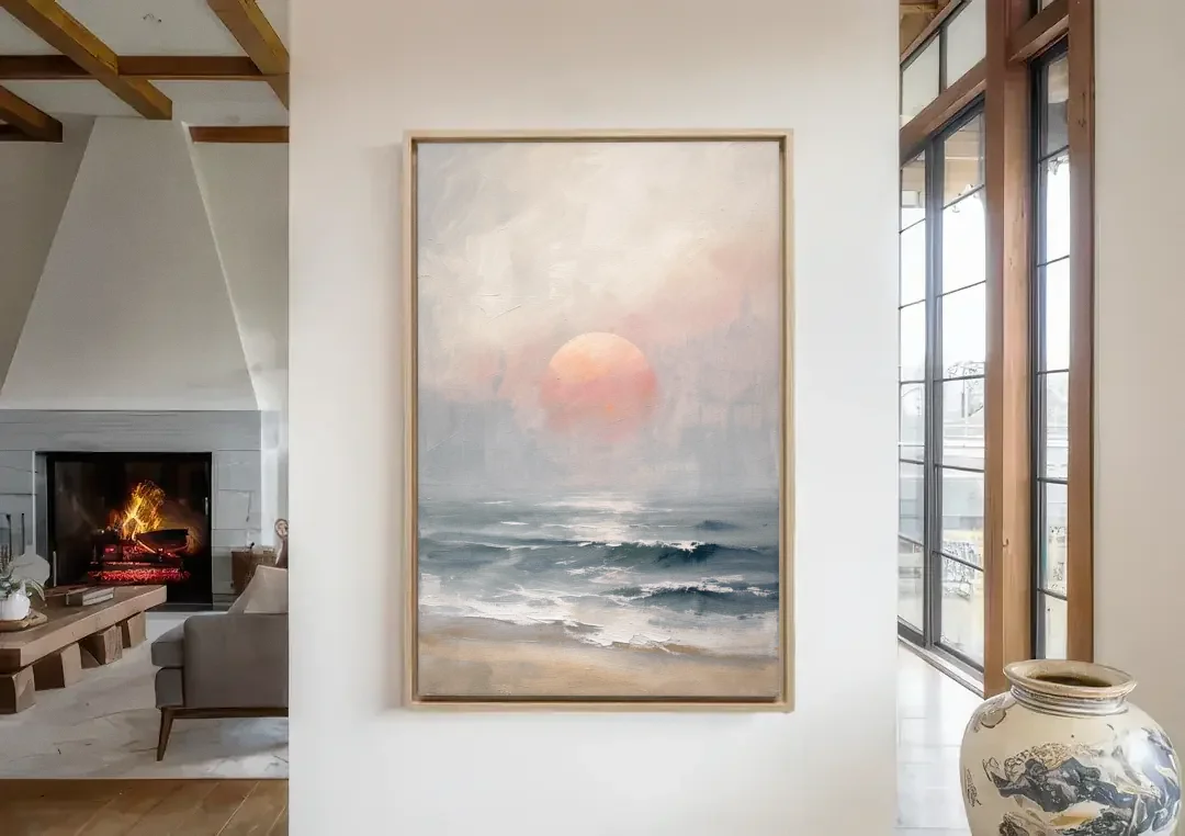 Abstract Pink Sun Through Sea Mist for the Bedroom canvas wall art in a living room with a fireplace