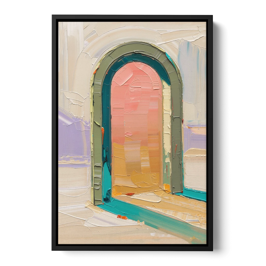 Abstract Sage Green Arch with Peach Glow - Black Framed Canvas Wall Art - Front