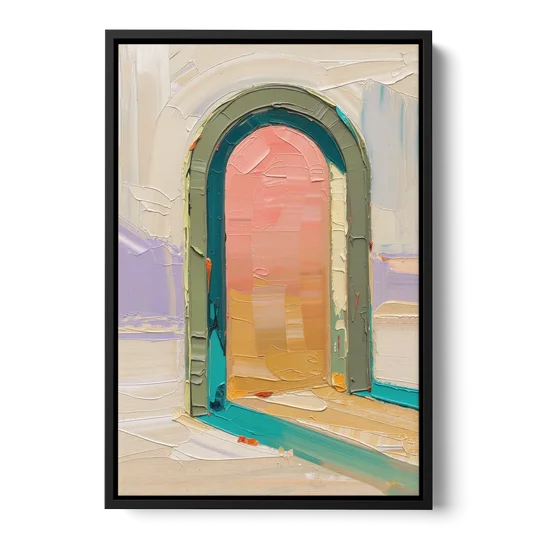 Abstract Sage Green Arch with Peach Glow - Black Framed Canvas Wall Art - Front