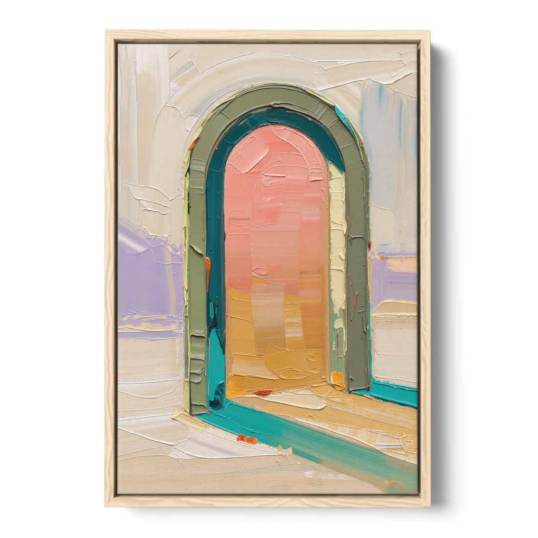 Abstract Sage Green Arch with Peach Glow - Oak Framed Canvas Wall Art - Front