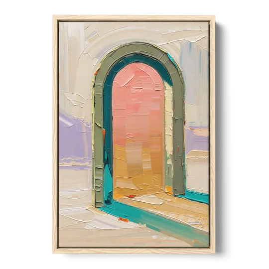 Abstract Sage Green Arch with Peach Glow - Oak Framed Canvas Wall Art - Front