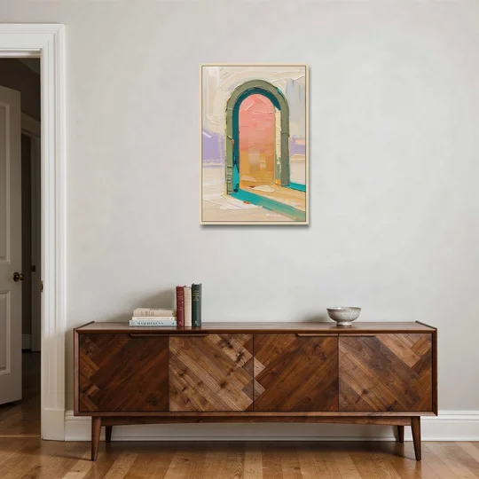 Abstract Sage Green Arch with Peach Glow - Oak Framed Canvas Wall Art - Coffee Table - 24x36