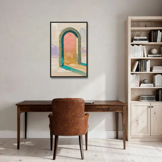 Abstract Sage Green Arch with Peach Glow - Black Framed Canvas Wall Art - Office - 24x36