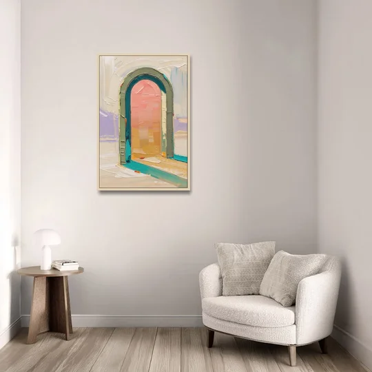 Abstract Sage Green Arch with Peach Glow - Oak Framed Canvas Wall Art - Sofa - 24x36