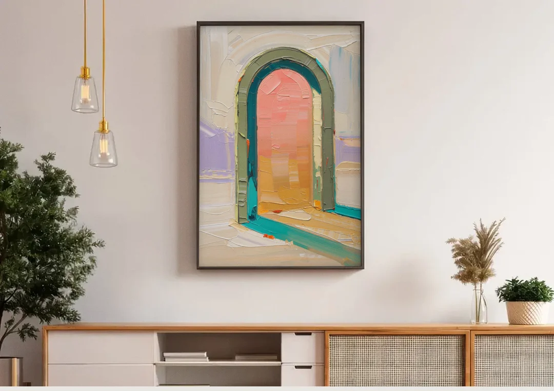 Abstract Sage Green Arch with Peach Glow canvas wall art above a wooden sideboard under pendant lights