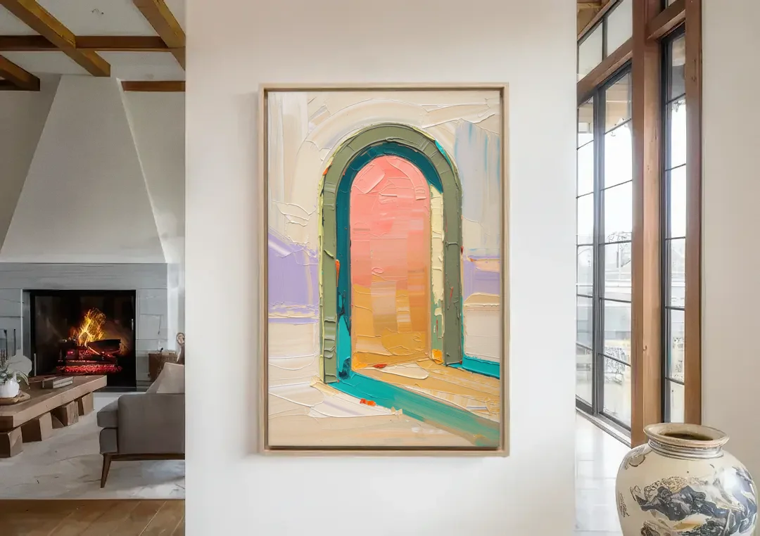 Abstract Sage Green Arch with Peach Glow canvas wall art in a living room with a fireplace