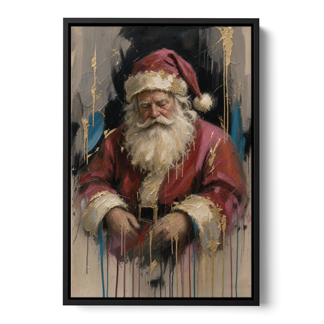Abstract Santa Painting with Gold Drips - Black Framed Canvas Wall Art - Front