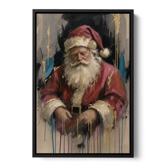 Abstract Santa Painting with Gold Drips - Black Framed Canvas Wall Art - Front