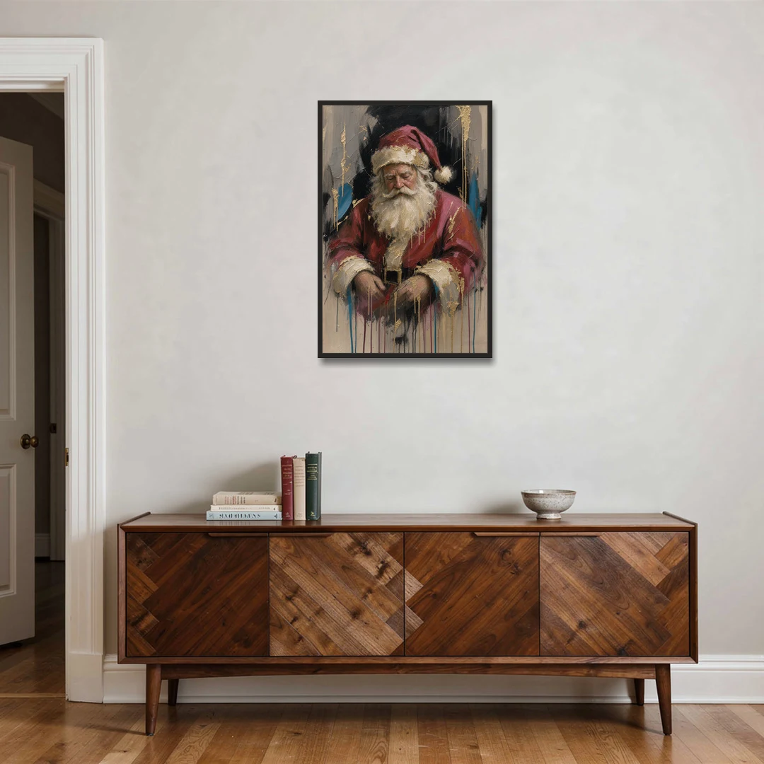 Abstract Santa Painting with Gold Drips - Black Framed Canvas Wall Art - Coffee Table - 24x36