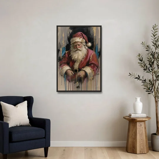 Abstract Santa Painting with Gold Drips - Black Framed Canvas Wall Art - Sofa - 24x36