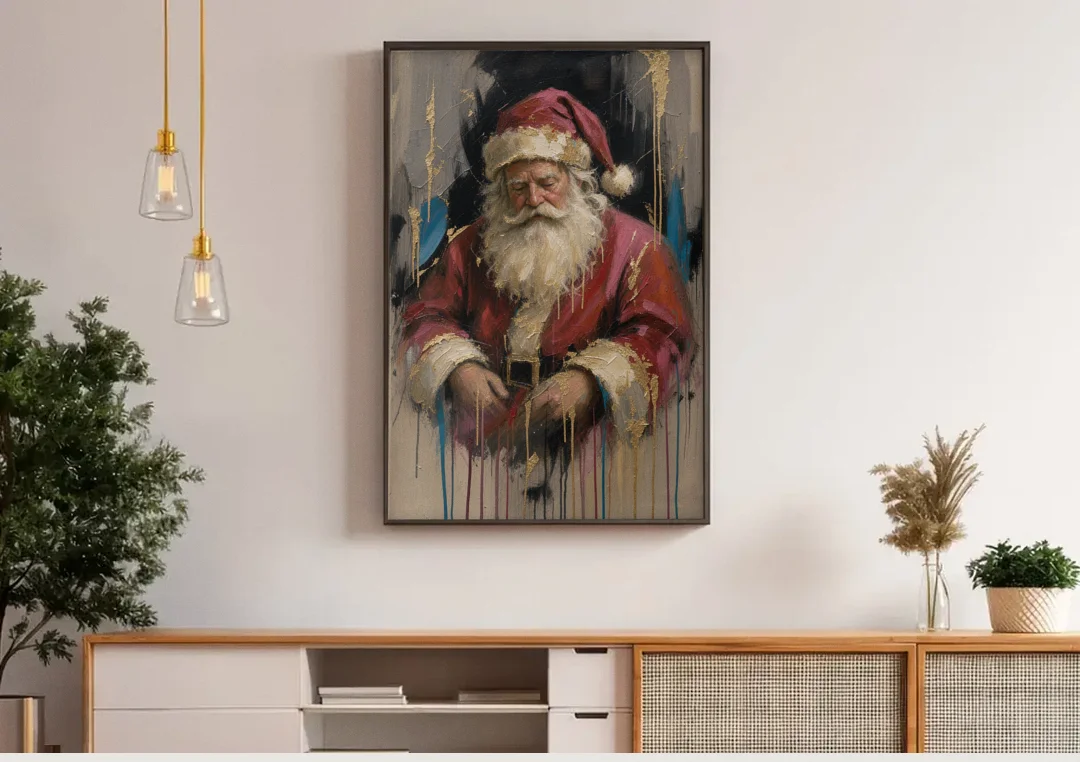 Abstract Santa Painting with Gold Drips canvas wall art above a wooden sideboard under pendant lights
