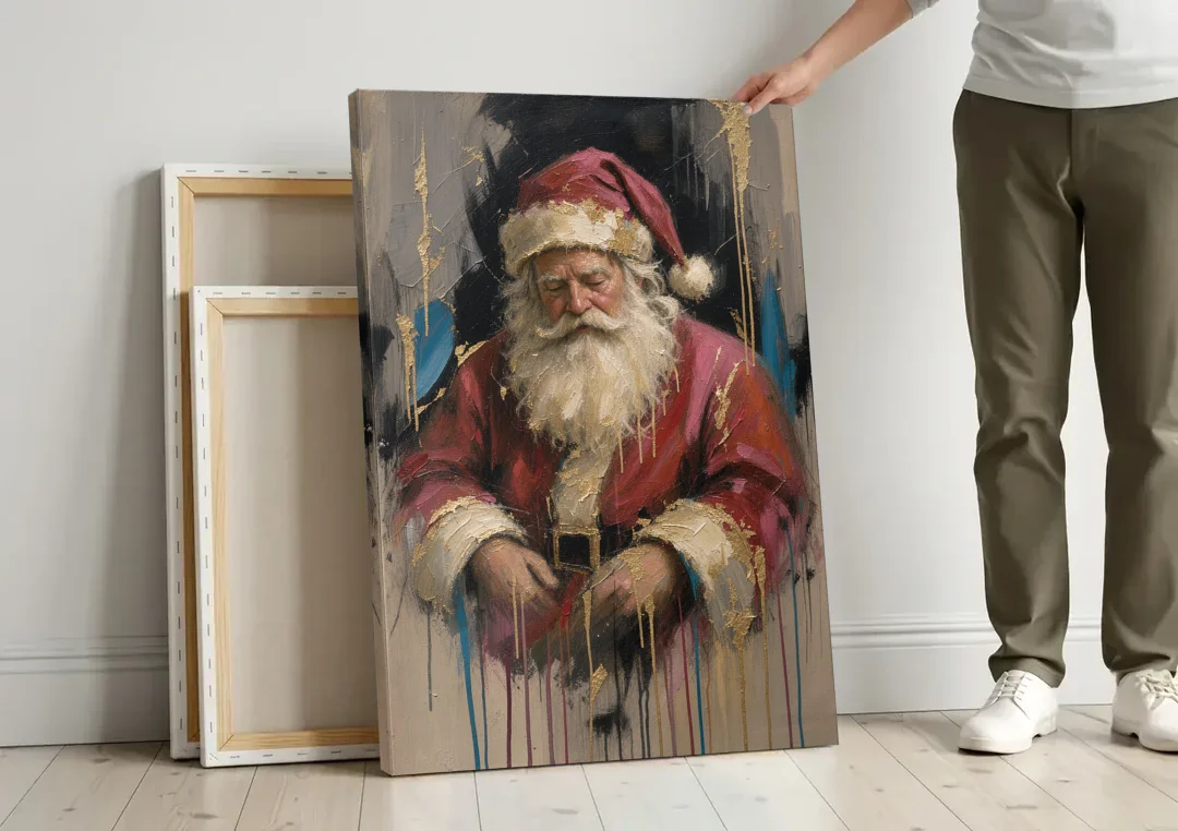 Abstract Santa Painting with Gold Drips canvas wall art leaning against a wall next to blank canvases