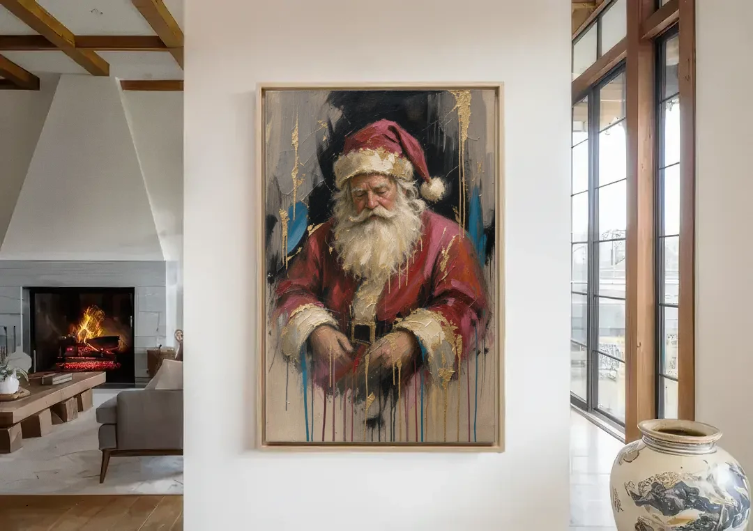 Abstract Santa Painting with Gold Drips canvas wall art in a living room with a fireplace