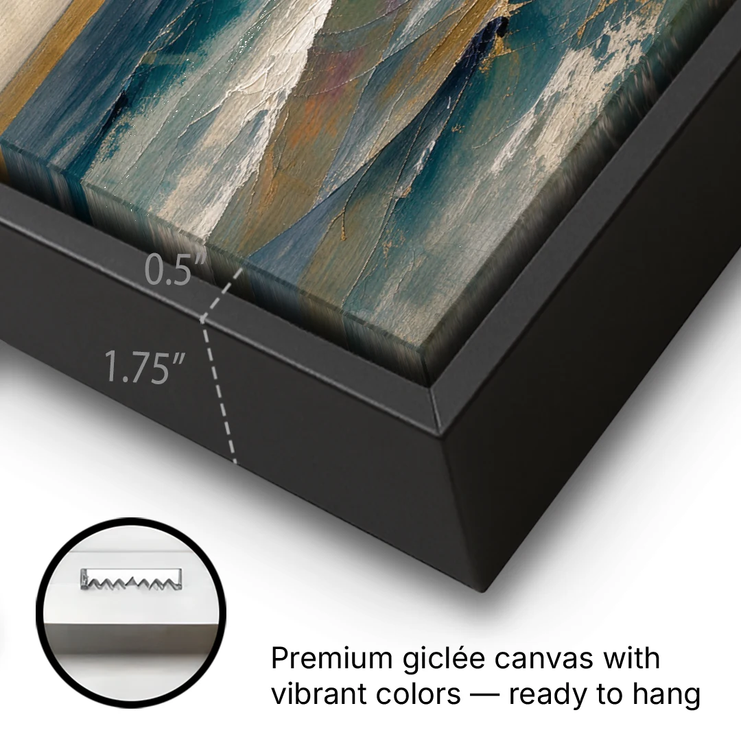Abstract Seascape Painting with Gold Horizon - Black Framed Canvas Wall Art - Gallery Wrap Corner