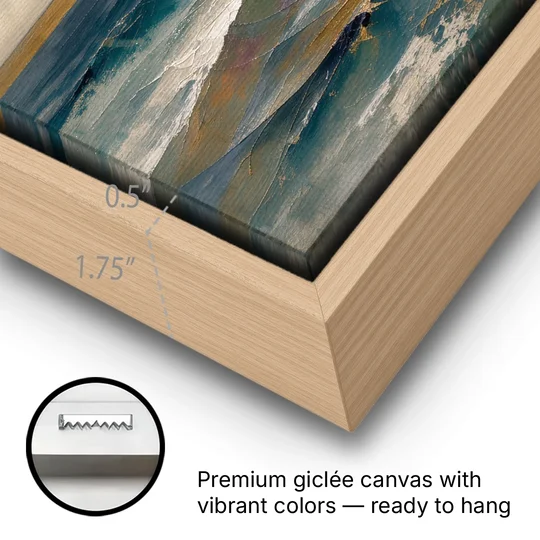 Abstract Seascape Painting with Gold Horizon - Oak Framed Canvas Wall Art - Gallery Wrap Corner