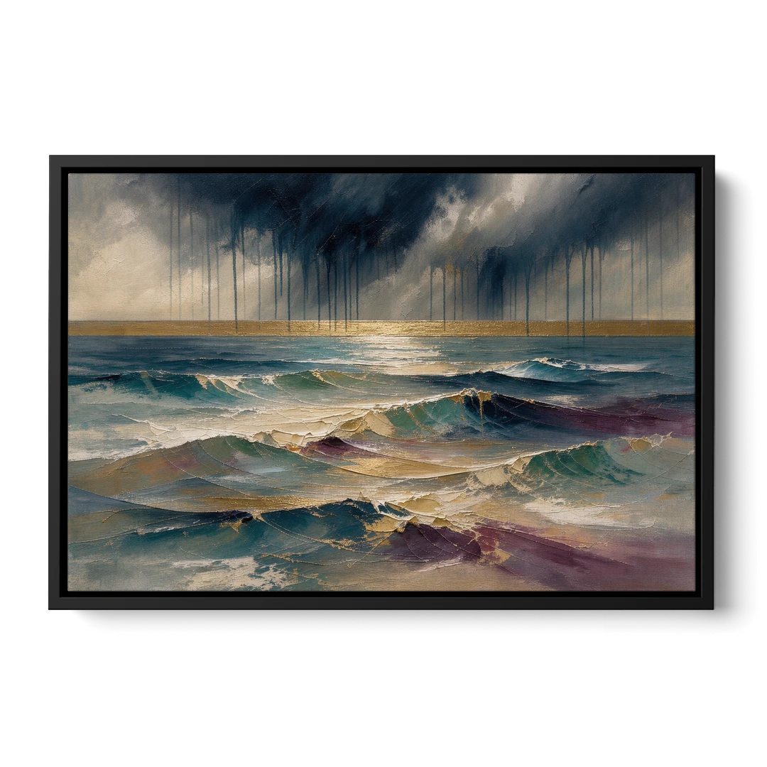 Abstract Seascape Painting with Gold Horizon - Black Framed Canvas Wall Art - Front