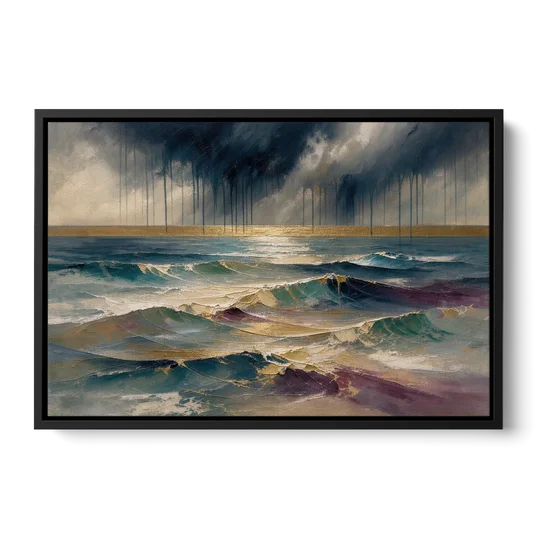 Abstract Seascape Painting with Gold Horizon - Black Framed Canvas Wall Art - Front