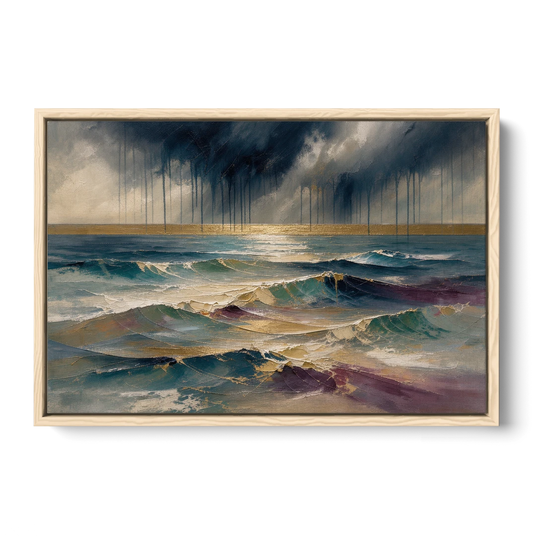 Abstract Seascape Painting with Gold Horizon - Oak Framed Canvas Wall Art - Front