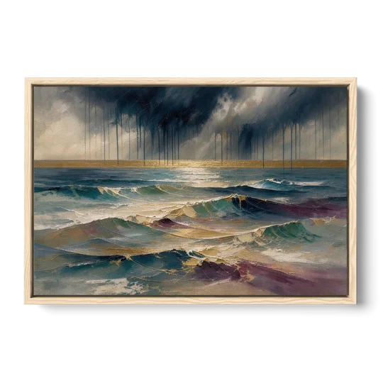 Abstract Seascape Painting with Gold Horizon - Oak Framed Canvas Wall Art - Front