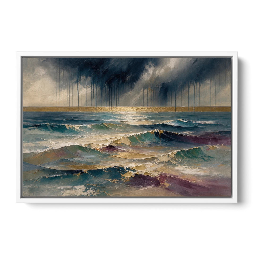 Abstract Seascape Painting with Gold Horizon - White Framed Canvas Wall Art - Front