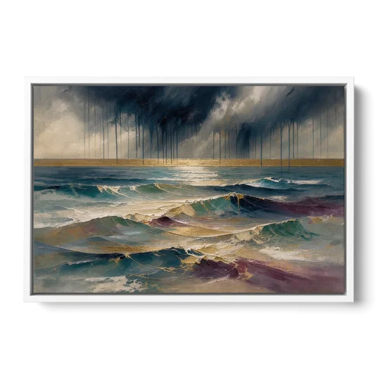 Abstract Seascape Painting with Gold Horizon - White Framed Canvas Wall Art - Front