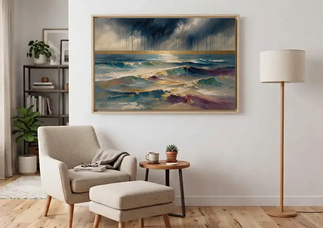 Abstract Seascape Painting with Gold Horizon canvas wall art above an armchair in a bright living room
