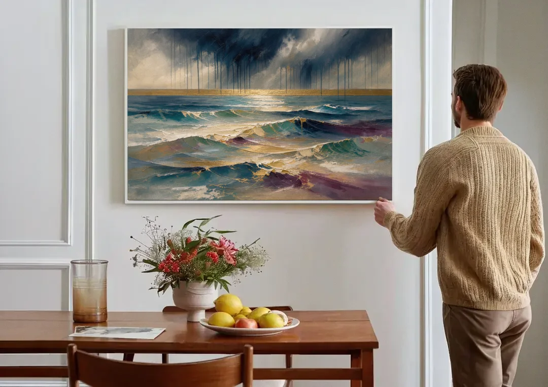 Abstract Seascape Painting with Gold Horizon canvas wall art above a dining table