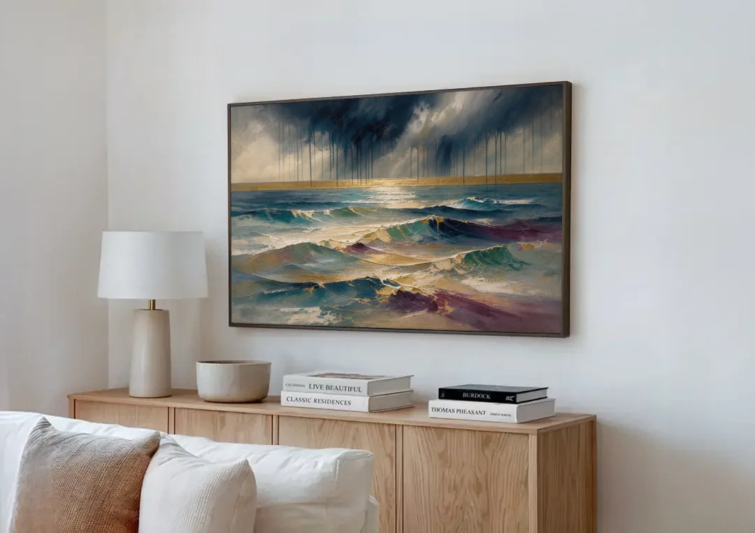 Abstract Seascape Painting with Gold Horizon canvas wall art above a wooden sideboard next to a sofa