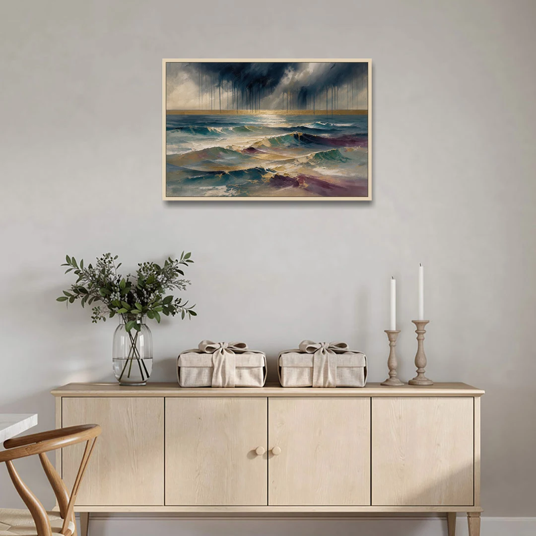 Abstract Seascape Painting with Gold Horizon - Oak Framed Canvas Wall Art - Coffee Table - 36x24