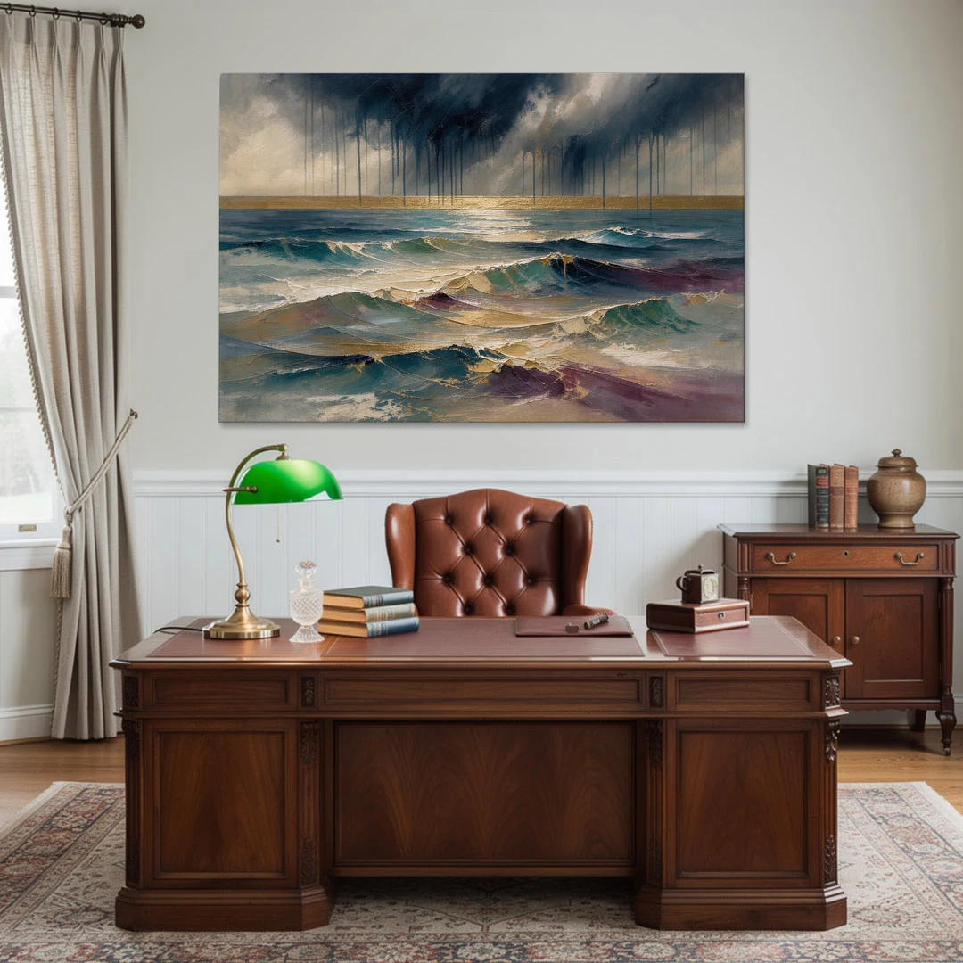 Abstract Seascape Painting with Gold Horizon - Canvas Wall Art - Office - 60x40