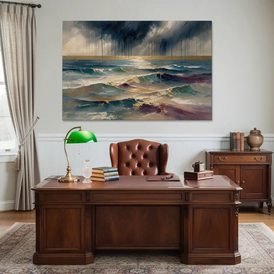 Abstract Seascape Painting with Gold Horizon - Canvas Wall Art - Office - 60x40
