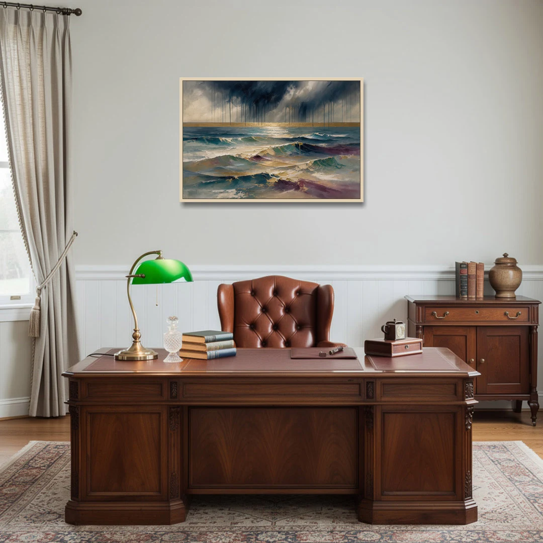 Abstract Seascape Painting with Gold Horizon - Oak Framed Canvas Wall Art - Office - 36x24