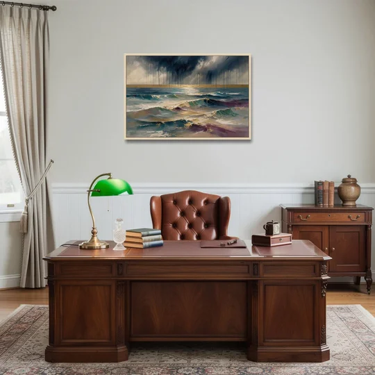 Abstract Seascape Painting with Gold Horizon - Oak Framed Canvas Wall Art - Office - 36x24