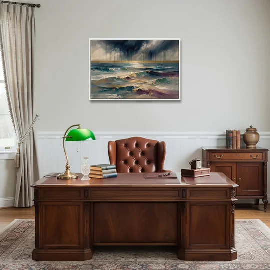 Abstract Seascape Painting with Gold Horizon - White Framed Canvas Wall Art - Office - 36x24